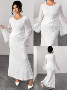 Elenzga Women's Plus Size White Flared Dress, Long Sleeve, Round Neck, Twisted Fish Tail Hemline Fall - White - View 1