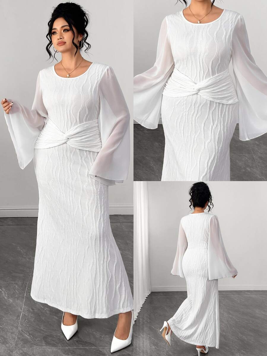 Elenzga Women's Plus Size White Flared Dress, Long Sleeve, Round Neck, Twisted Fish Tail Hemline Fall - White - View 1
