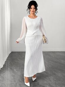 Elenzga Women's Plus Size White Flared Dress, Long Sleeve, Round Neck, Twisted Fish Tail Hemline Fall - White - View 5
