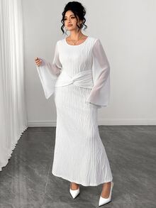 Elenzga Women's Plus Size White Flared Dress, Long Sleeve, Round Neck, Twisted Fish Tail Hemline Fall - White - View 8