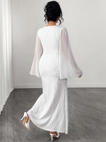 Elenzga Women's Plus Size White Flared Dress, Long Sleeve, Round Neck, Twisted Fish Tail Hemline Fall - White - View 2