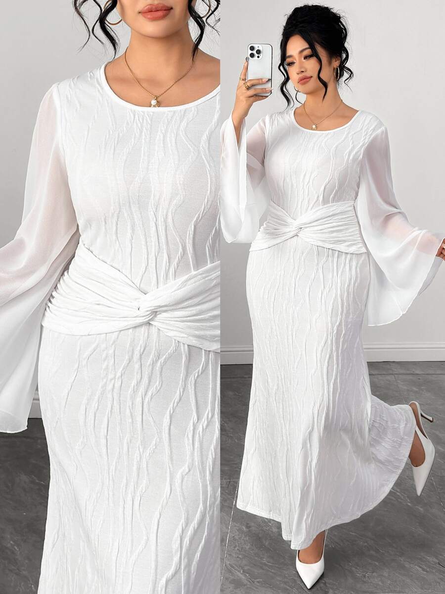 Elenzga Women's Plus Size White Flared Dress, Long Sleeve, Round Neck, Twisted Fish Tail Hemline Fall - White - View 1