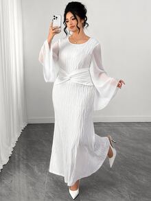 Elenzga Women's Plus Size White Flared Dress, Long Sleeve, Round Neck, Twisted Fish Tail Hemline Fall - White - View 3