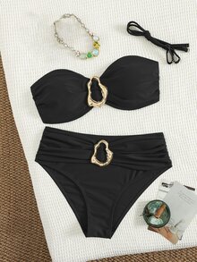 Swim Basics 女士海滩度假休闲全黑可拆卸修身肩带高腰裤配金属配饰细肩带比基尼套装 - 黑色 - 查看 6
