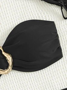 Swim Basics 女士海滩度假休闲全黑可拆卸修身肩带高腰裤配金属配饰细肩带比基尼套装 - 黑色 - 查看 4