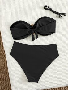 Swim Basics 女士海滩度假休闲全黑可拆卸修身肩带高腰裤配金属配饰细肩带比基尼套装 - 黑色 - 查看 2