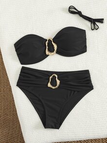 Swim Basics 女士海滩度假休闲全黑可拆卸修身肩带高腰裤配金属配饰细肩带比基尼套装 - 黑色 - 查看 5