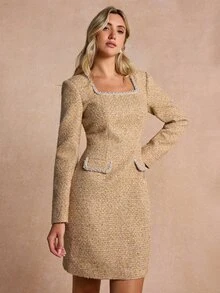 Enchnt 高級早秋浪漫法式女款優雅駝色修身粗花呢短洋裝，休閒、節慶穿搭、工作晚餐辦公室、正式穿著 - 鵝黃色 - 查看 1