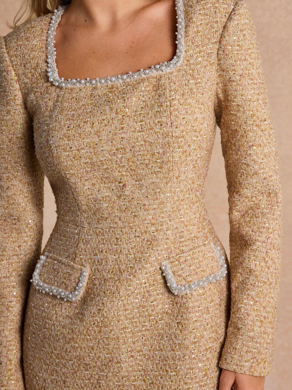 Enchnt Premium Pre-Fall Romantic Women's Elegant Khaki Slimming Tweed Short Dress,Casual Dress,Festival Outfits,Work Outfits,Formal Wear,Graduation