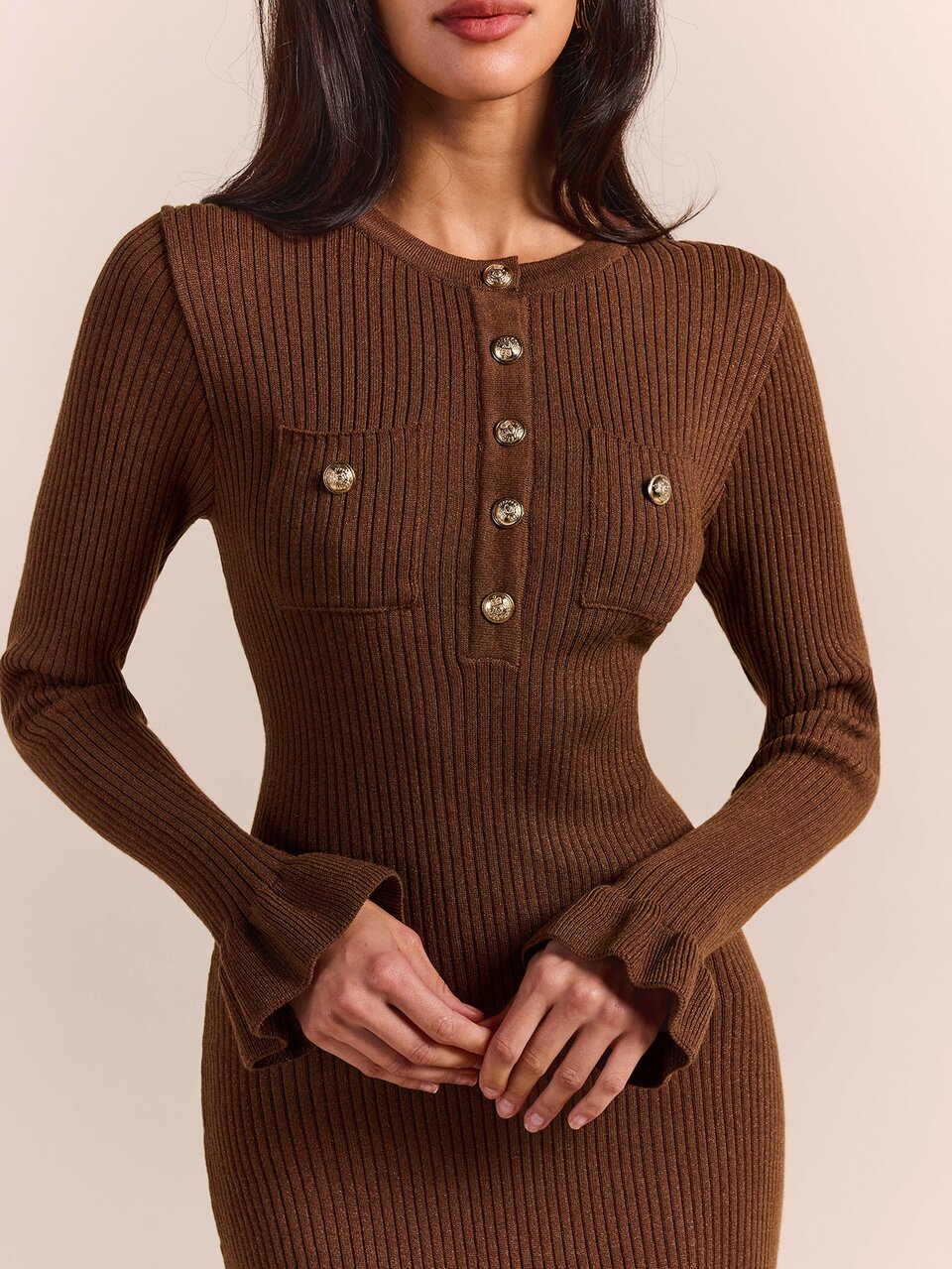 Enchnt Premium Pre-Fall Romantic Women's Elegant Brown Knit Mini Dress,Casual Dress,Festival Outfits,Work Outfits,New Year Looks,Modern,Formal Wear