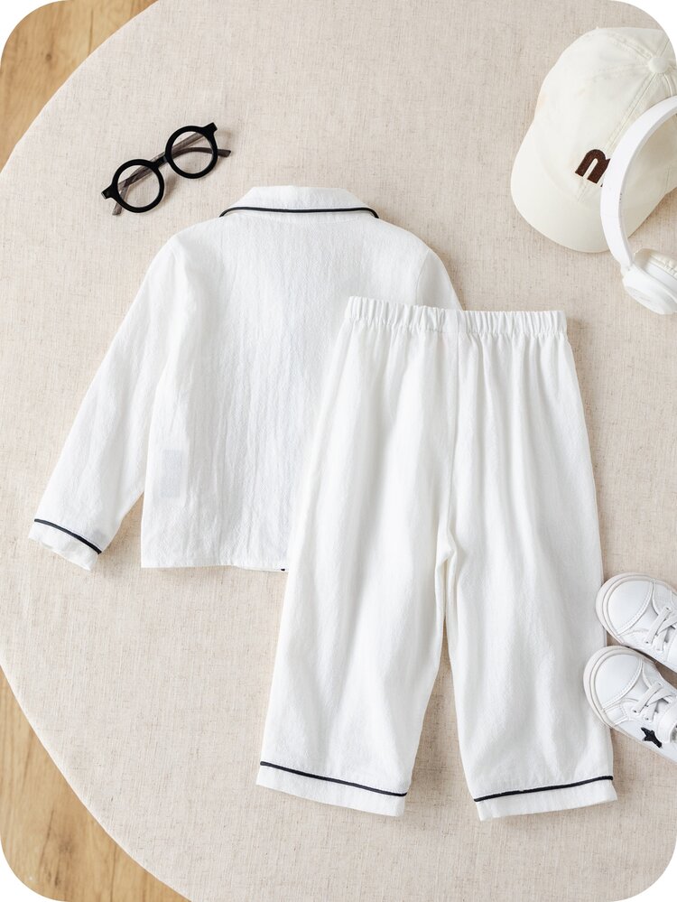 Bubblio Kids Young Boys Casual Versatile Loose Comfortable White Open Front With Pockets Lapel Collar Long Sleeve Long Pants Loungewear Set Suitable For Home And Outdoor Wear All Seasons - White - View 2