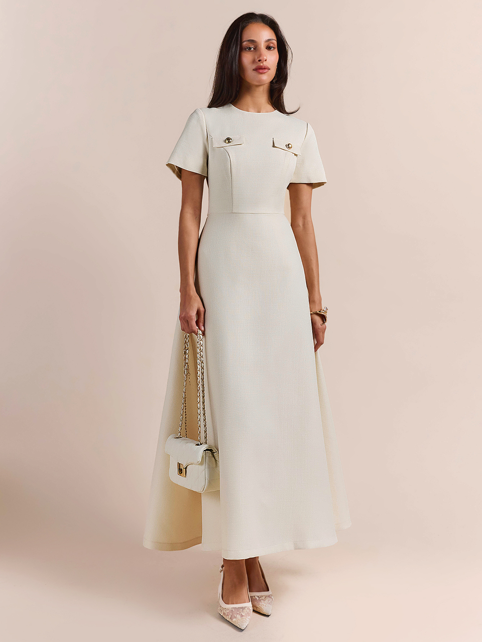 Enchnt Premium Pre-Fall Romantic Women's Elegant Off-White Tweed Round Neck Long Dress,Casual Dress,Festival Outfits,Birthday Dress,Formal Wear,Work