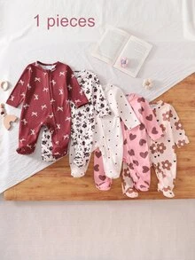 (Random 5-In-1) Newborn Comfortable Soft Cozy Multi-Color Apricot Pink Khaki Floral Heart Bow Ditsy Floral Heart All-Over Print Long Sleeve Footed Zipper Romper - Khaki - View 1