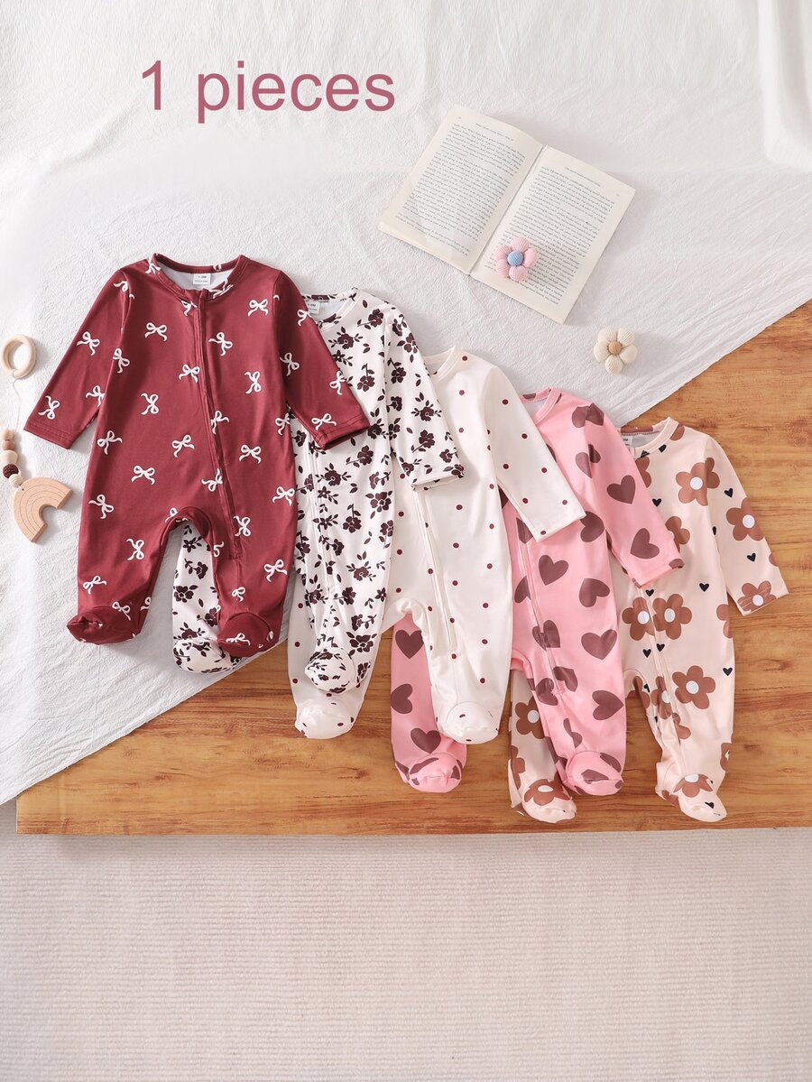 (Random 5-In-1) Newborn Comfortable Soft Cozy Multi-Color Apricot Pink Khaki Floral Heart Bow Ditsy Floral Heart All-Over Print Long Sleeve Footed Zipper Romper - Khaki - View 1