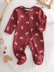 (Random 5-In-1) Newborn Comfortable Soft Cozy Multi-Color Apricot Pink Khaki Floral Heart Bow Ditsy Floral Heart All-Over Print Long Sleeve Footed Zipper Romper - Khaki - View 5