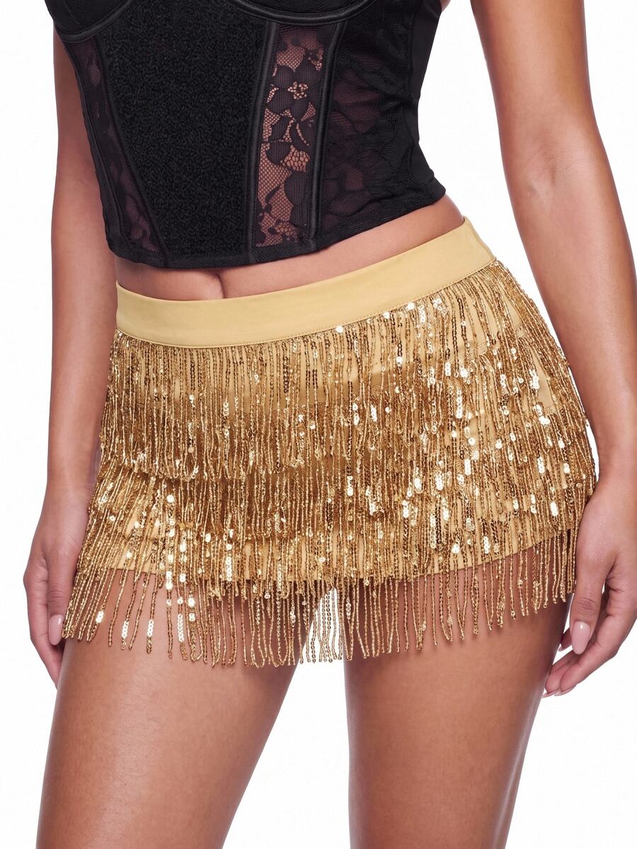 SHEIN ICON Gold Sequin Fringe Hem Concert Outfits Skirt - Gold - View 1