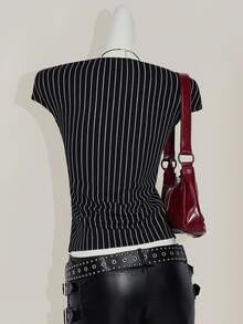 SHEIN ICON Summer Casual 90s Sexy Open Front Stripe Lace Trim Fitted T-Shirt,Rave Top Night Out Party Club Black And White - Black - View 4