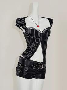 SHEIN ICON Summer Casual 90s Sexy Open Front Stripe Lace Trim Fitted T-Shirt,Rave Top Night Out Party Club Black And White - Black - View 12