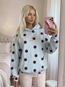 CovetEZ 女款時尚波點印花牛仔連帽衛衣 日常旅行上學穿著 藍色波點 秋季休閒街頭風 - 藍色 - 查看 3