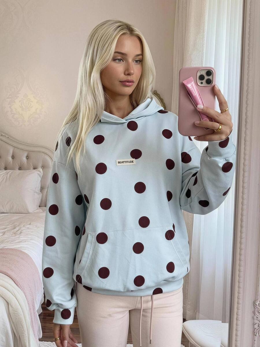 CovetEZ Women's Fashion Polka Dot Print Denim Hooded Sweatshirt Everyday Traveling School Blue Polka Dot Autumn Casual Streetwear - Blue - View 1