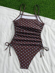 SHEIN Swim 女士休闲复古时尚沙滩度假户外夏季性感百搭波点/经典圆点随机印花系带露背修身连体泳衣，适合春假、返校季、假期、春季海滩度假 - 彩色 - 查看 6