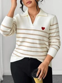 Easura Plus Size Milk Coffee Striped Heart POLO Knit Sweater Top - Beige - View 7
