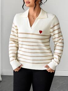 Easura Plus Size Milk Coffee Striped Heart POLO Knit Sweater Top - Beige - View 4