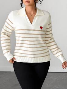 Easura Plus Size Milk Coffee Striped Heart POLO Knit Sweater Top - Beige - View 3