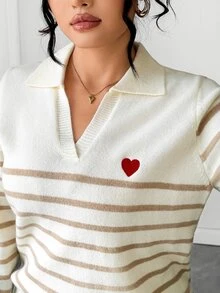 Easura Plus Size Milk Coffee Striped Heart POLO Knit Sweater Top - Beige - View 5