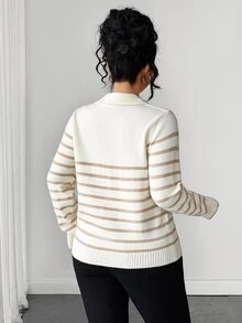 Easura Plus Size Milk Coffee Striped Heart POLO Knit Sweater Top - Beige - View 2