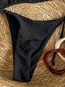 SHEIN Swim 女士纹理串珠吊带比基尼套装，春夏款 - 黑色 - 查看 4