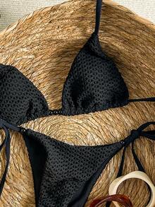 SHEIN Swim 女士纹理串珠吊带比基尼套装，春夏款 - 黑色 - 查看 3