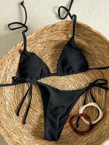 SHEIN Swim 女士纹理串珠吊带比基尼套装，春夏款 - 黑色 - 查看 1
