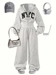 SHEIN Kids Tween Girl Fashion Minimalist Solid Color Hooded Zip-Up Printed Letter High Waist Autumn Winter - Grey - View 2