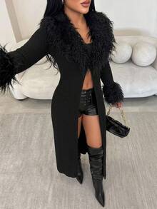 SHEIN SXY معطف طويل جداً من الفرو الاصطناعي بتصميم رقعات - الأسود - مشاهدة 1