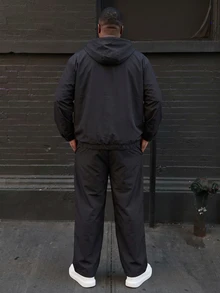 Ethos Form Plus Size Men's Contrast Trim Hooded Zip-Up Jacket And Pants Casual Tracksuit Set,Men's Streetwear, - Black - View 2