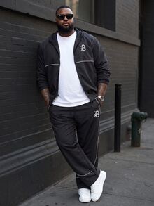 Ethos Form Plus Size Men's Contrast Trim Hooded Zip-Up Jacket And Pants Casual Tracksuit Set,Men's Streetwear, - Black - View 3