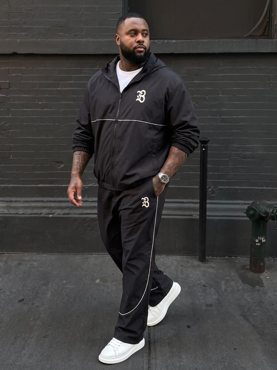 Ethos Form Plus Size Men's Contrast Trim Hooded Zip-Up Jacket And Pants Casual Tracksuit Set,Men's Streetwear, - Black - View 1