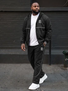 Ethos Form Plus Size Men's Contrast Trim Hooded Zip-Up Jacket And Pants Casual Tracksuit Set,Men's Streetwear, - Black - View 4
