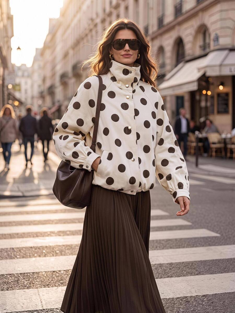 Ontre Polka Dot Print Drop Shoulder Coat Street-Cool, High-End, Simple, Cool Motorcycle Style Workwear A Must-Have For Winter: A High-End, Comfortable - Light Yellow - View 1