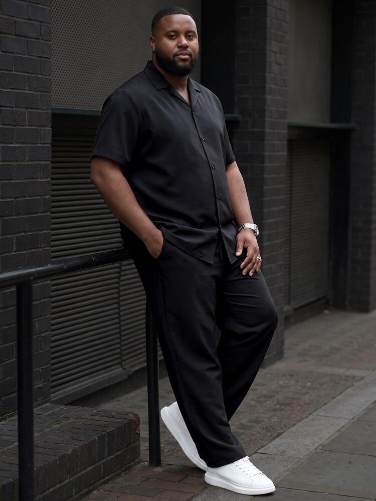 Ethos Form Plus Size Men's Solid Color Cuban Collar Shirt + Drawstring Elastic Waist Pants Set, Men's Casual Suit, Formal - Black - View 4