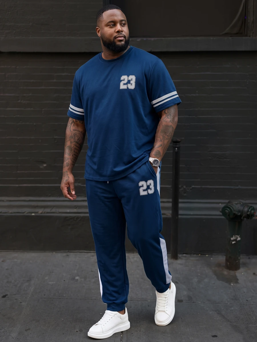 Ethos Form 2pcs/Set Plus Size Men Colorblock Stripe & Digit Print T-Shirt And Pants Set - Navy Blue - View 1