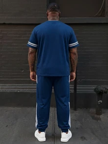 Ethos Form 2pcs/Set Plus Size Men Colorblock Stripe & Digit Print T-Shirt And Pants Set - Navy Blue - View 2