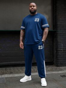 Ethos Form 2pcs/Set Plus Size Men Colorblock Stripe & Digit Print T-Shirt And Pants Set - Navy Blue - View 3