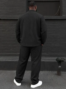 Ethos Form 大码男士纯色翻领长袖夹克和裤子休闲西装套装，秋季服装 - 黑色 - 查看 2