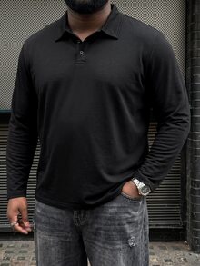DRIVNCORE 大尺碼男士純色前開扣長袖休閒素面 Polo 衫，適合外出、秋季、正式場合 - 黑色 - 查看 3