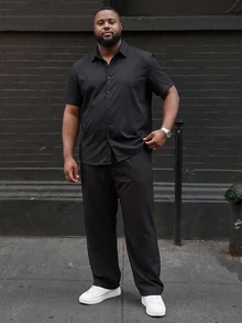 Ethos Form 大尺碼男士時尚短袖上衣與長褲兩件套，適合夏季，舒適穿搭，正式場合 - 黑色 - 查看 1