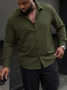 Ethos Form Plus Size Men's Casual Long Sleeve Shirt With Front Button Closure, Formal - Olive Green - View 1