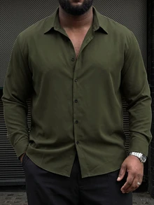 Ethos Form Plus Size Men's Casual Long Sleeve Shirt With Front Button Closure, Formal - Olive Green - View 4