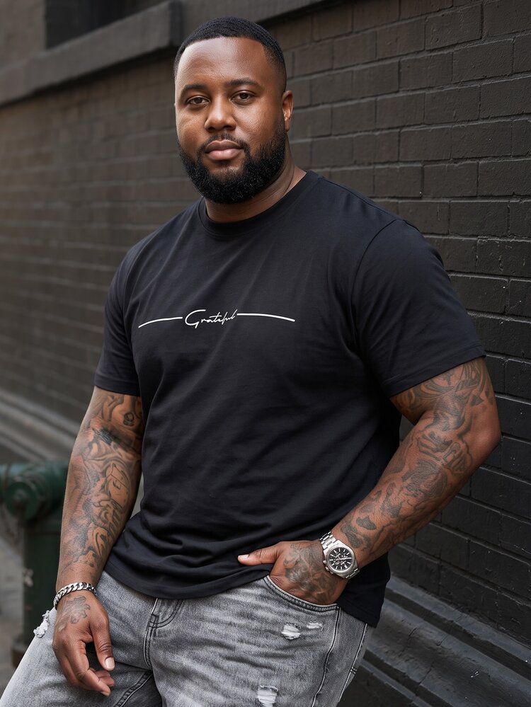 Ethos Form Plus Size Men's Letter Print Round Neck Short Sleeve Casual T-Shirt - Black - View 4